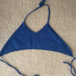 blue knit crochet halter top
